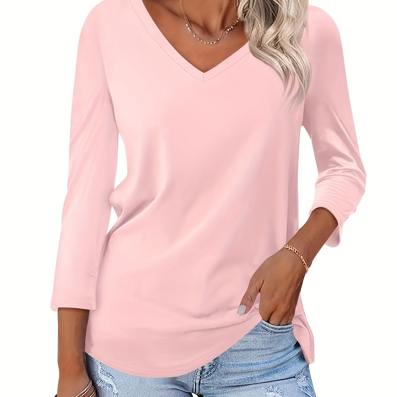 

V Neck Three-quarter Sleeve T-shirt, Elegant Solid Color Top For Summer & Spring, Women's Clothing