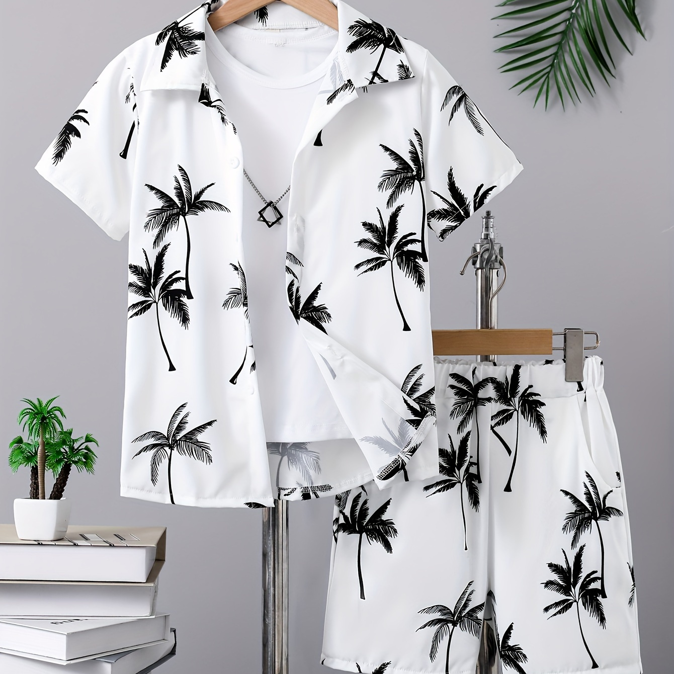 

2pcs Boys Casual Coconut Tree Graphic Print Short Sleeve Lapel Shirt & Shorts Set, Comfy Summer Boys Clothing