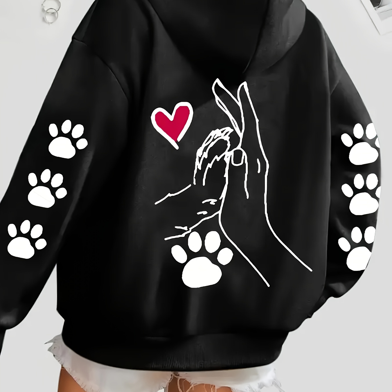 

Cozy Plus-size Hoodie With Dog & Paw Print - Casual Pullover With Kangaroo Pocket, Stretchy Polyester Knit Fabric, Machine Washable - All , Valentine's Day, 100% Acrylic