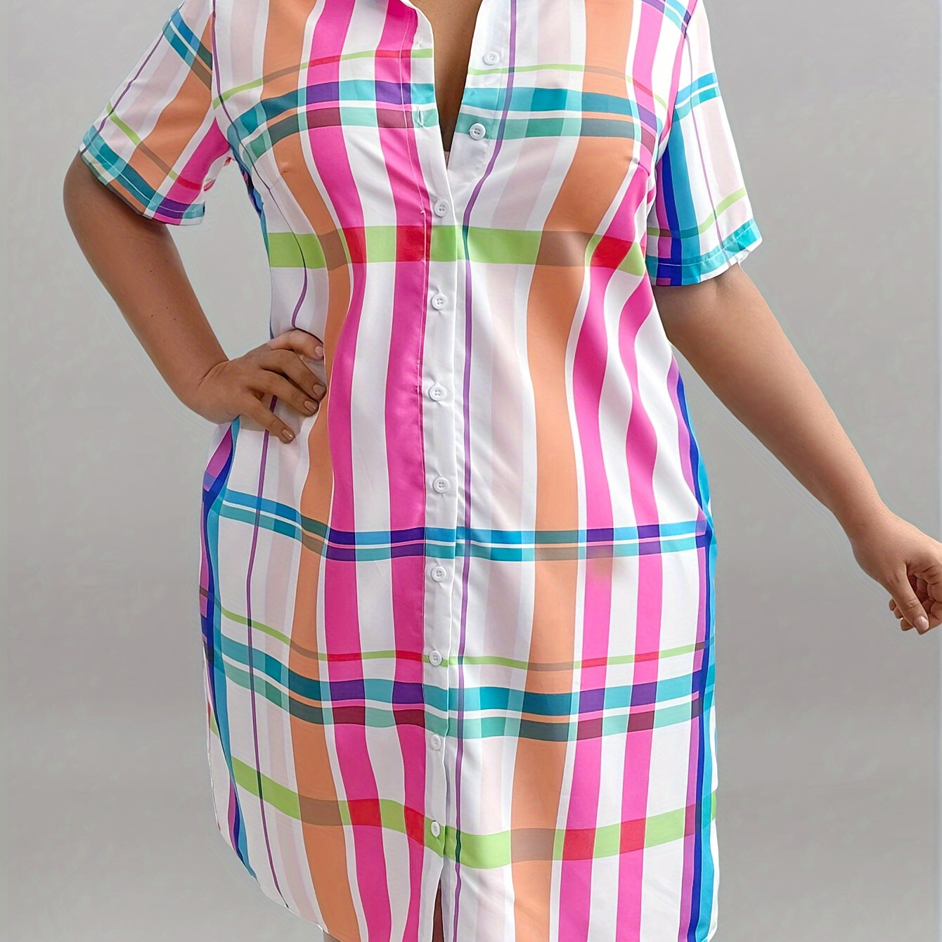 

Plus Size Colorful Plaid Print Collared Dress, Casual Button Front Short Sleeve Dress For Spring & Summer, Women's Plus Size Clothing