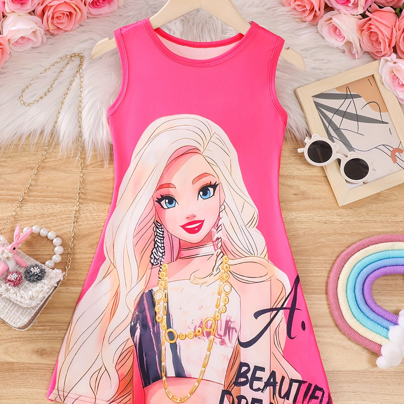 

Cartoon Girl Digital Print Girl's Active Casual Sundress, Loose Comfy Sleeveless Dresses For Holiday Summer Outdoor