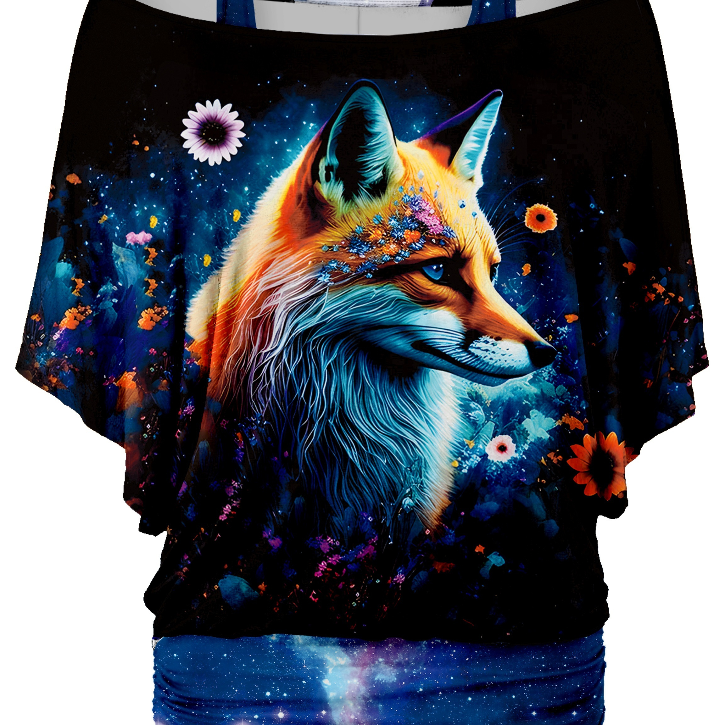 

Fox Print Cold Shoulder T-shirt, 2 In 1 Batwing Sleeve T-shirt, Casual Every Day Tops, Women's Clothing