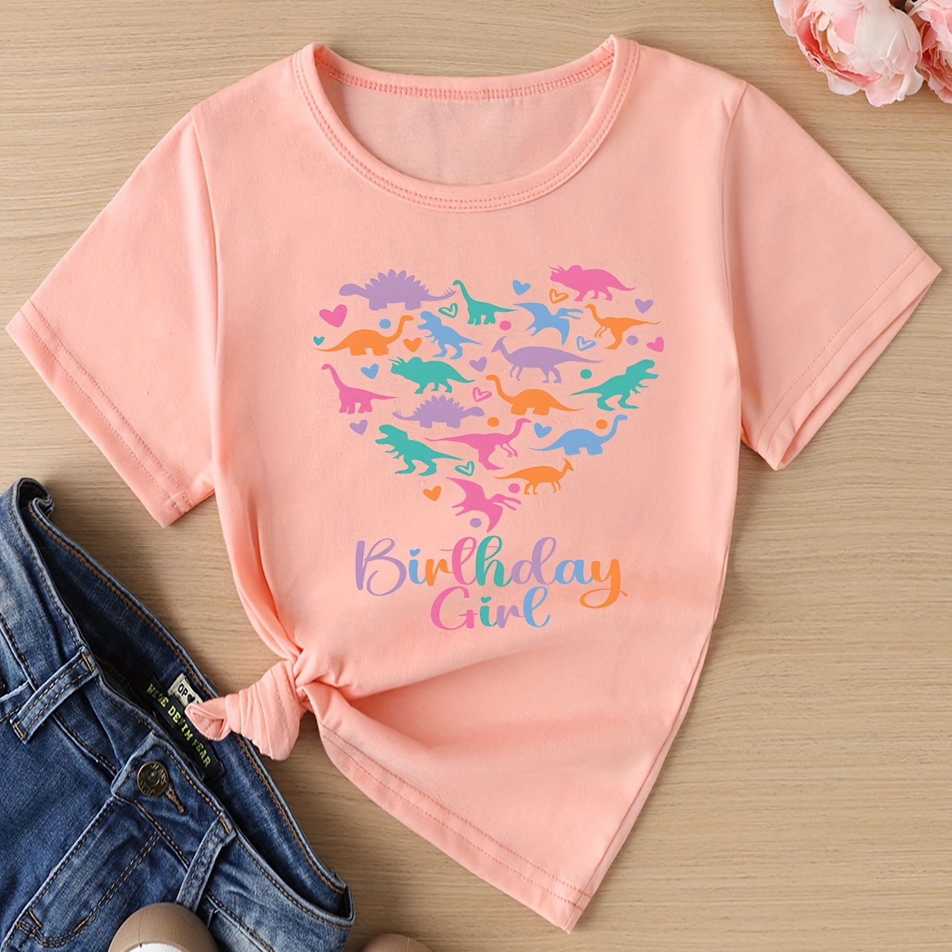 

Birthday Girl & Dinosaurs Graphic Print Tee, Girls' Casual & Stylish Short Sleeve Crew Neck T-shirt For Spring & Summer, Girls' Clothes