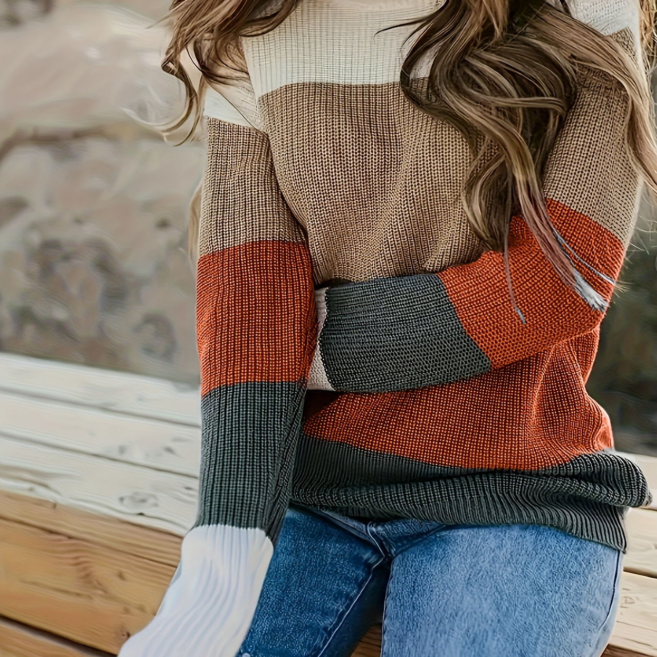 TEMU Women's -block Round Neck Casual Sweater