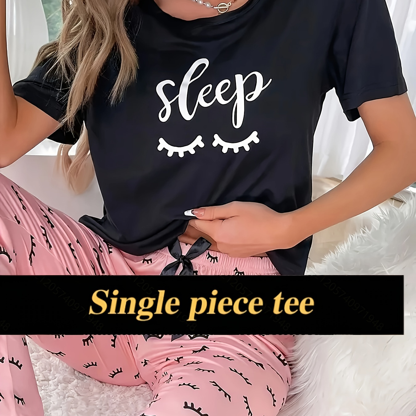 

Casual Eyelash & Letter Print Pajama Tops, Short Sleeve Round Neck Top, Women's Sleepwear & Loungewear