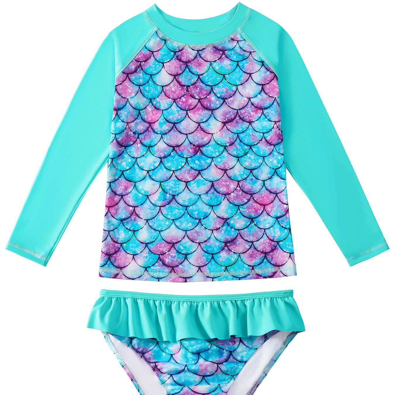 

Girls' 3d Printed Mermaid Bikini Long-sleeved Sunscreen Beach Swimsuit - Perfect For Summer Splashing!