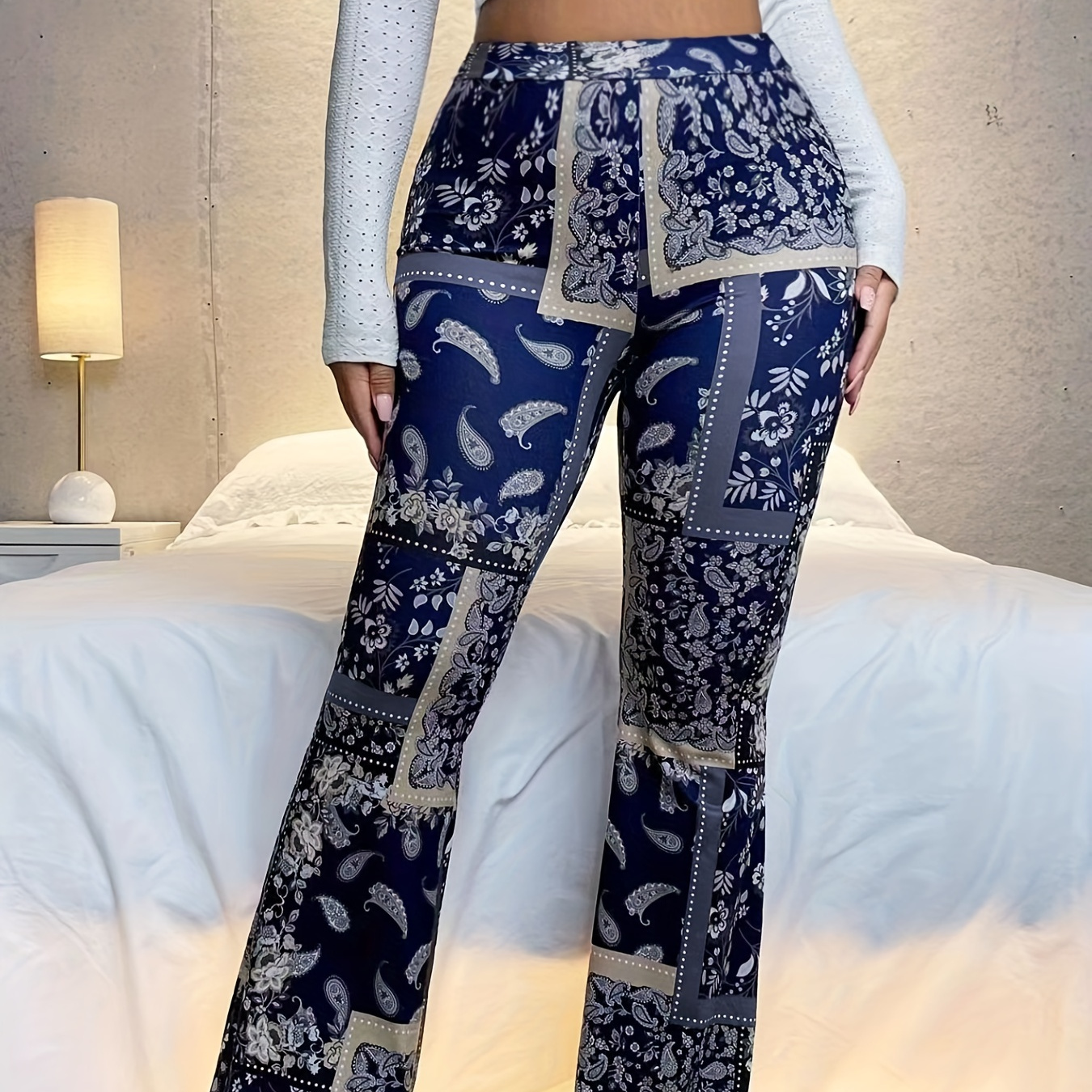 Plus Size Boho Pants Women's Plus Colorblock Paisley Print - Temu