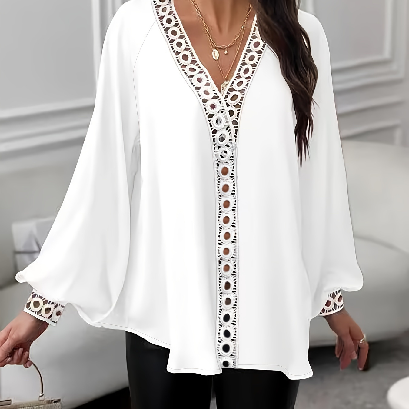 

Lace Splicing Lantern Sleeve Blouse, Elegant V-neck Loose Blouse For Spring & Fall, Women's Clothing