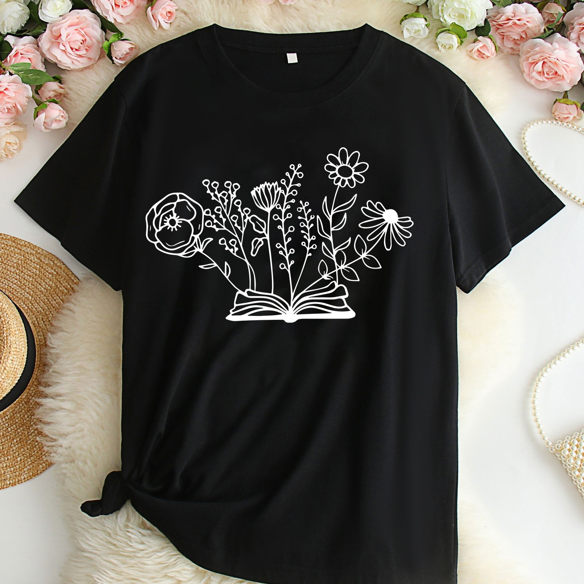

Plus Size Casual T-shirt, Women's Plus Floral Print Short Sleeve Round Neck T-shirt