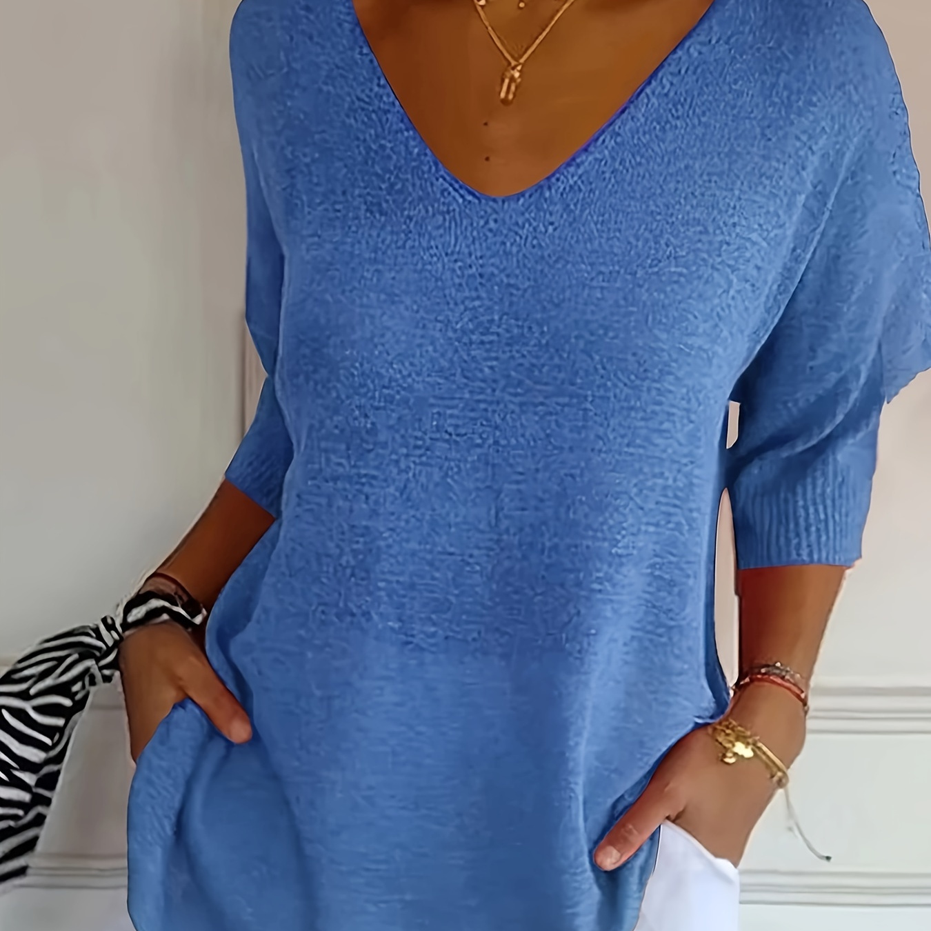 

Solid Color V Neck Pullover Sweater, Casual -quarter Sleeve Knitted Top For Spring & Fall, Women's Clothing