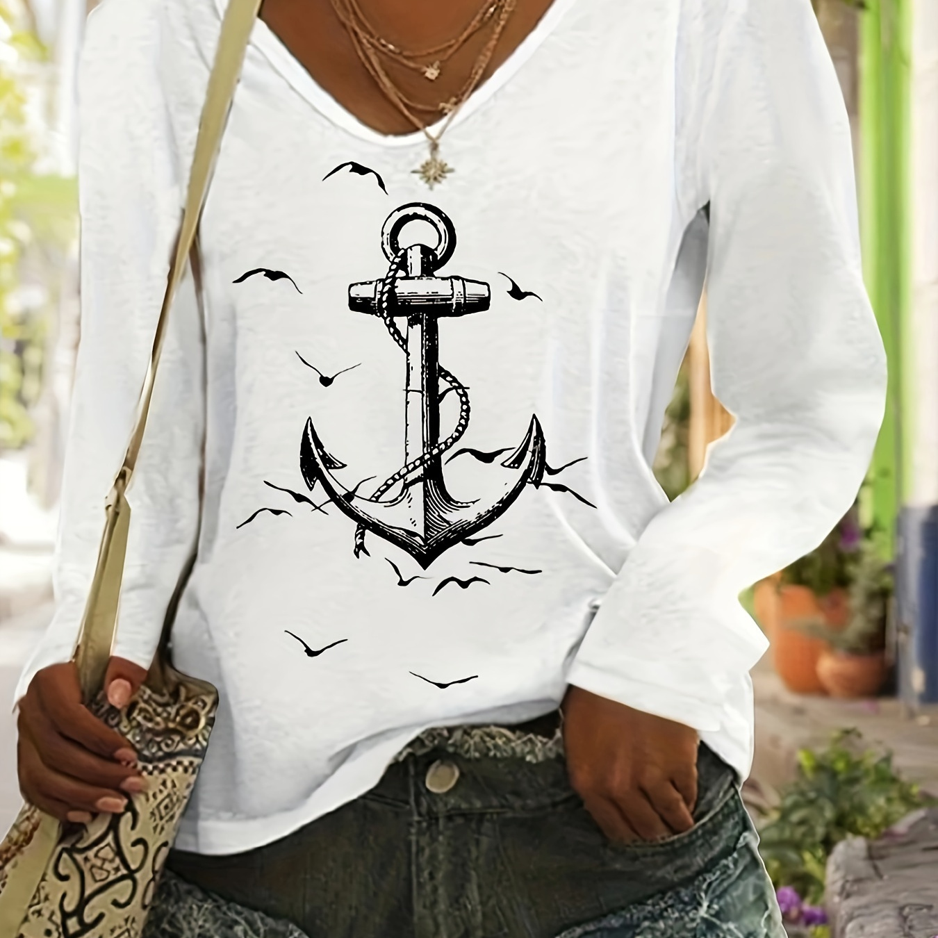 

Anchor Print T-shirt, Long Sleeve V Neck Casual Top For Spring & Fall, Women's Clothing