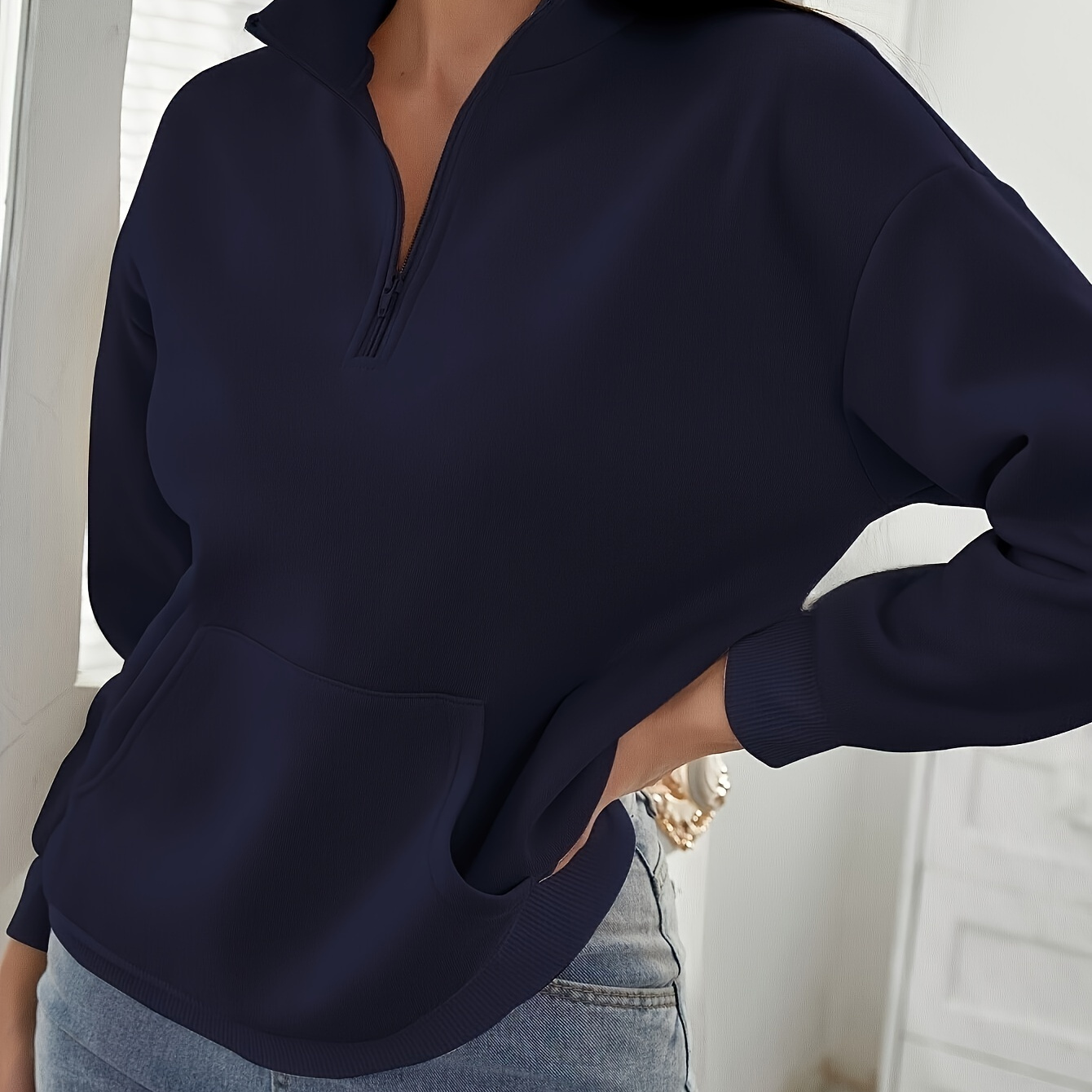 

Sweat-shirt à col polo uni pour femme, fermeture à glissière, tissu tricoté % polyester, pull décontracté à manches tombantes pour toutes , avec détail fermeture à glissière, poids 230 g/m²