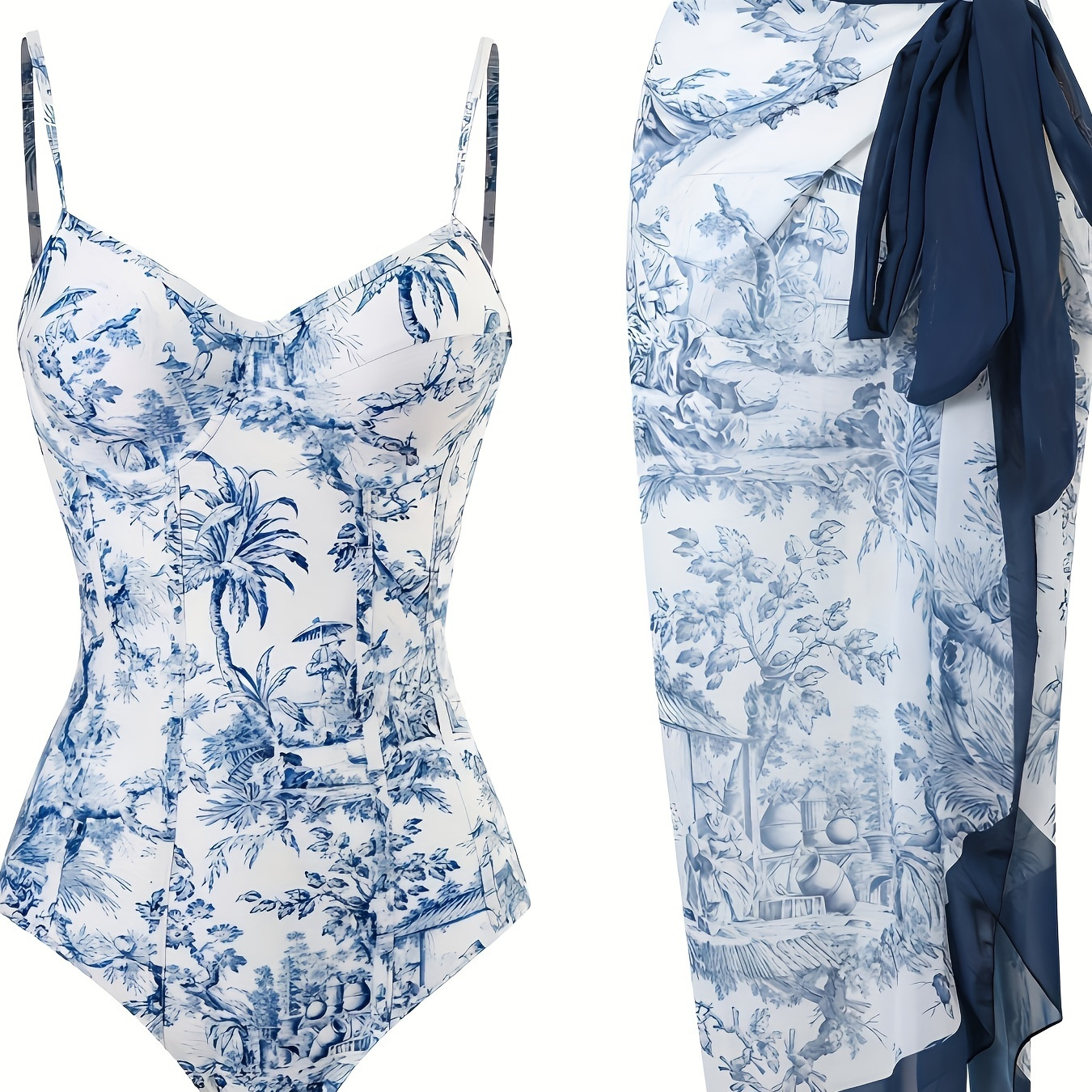 

Vintage Blue Chinoiserie Print Push Up 2 Piece Swimsuits, Spaghetti Strap Elegant One-piece Bathing-suit & Tie Side Cover Up Skirt, Women's Swimwear & Clothing For Holiday