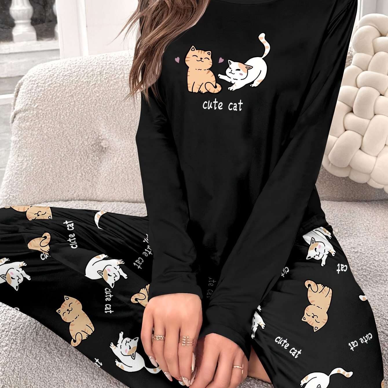 

Cute Cat Print Long Sleeve Pajama Set For Women, Polyester Knit Fabric With Elastane, Crew Neck, Cartoon Pattern, Cozy Loungewear For Spring/fall