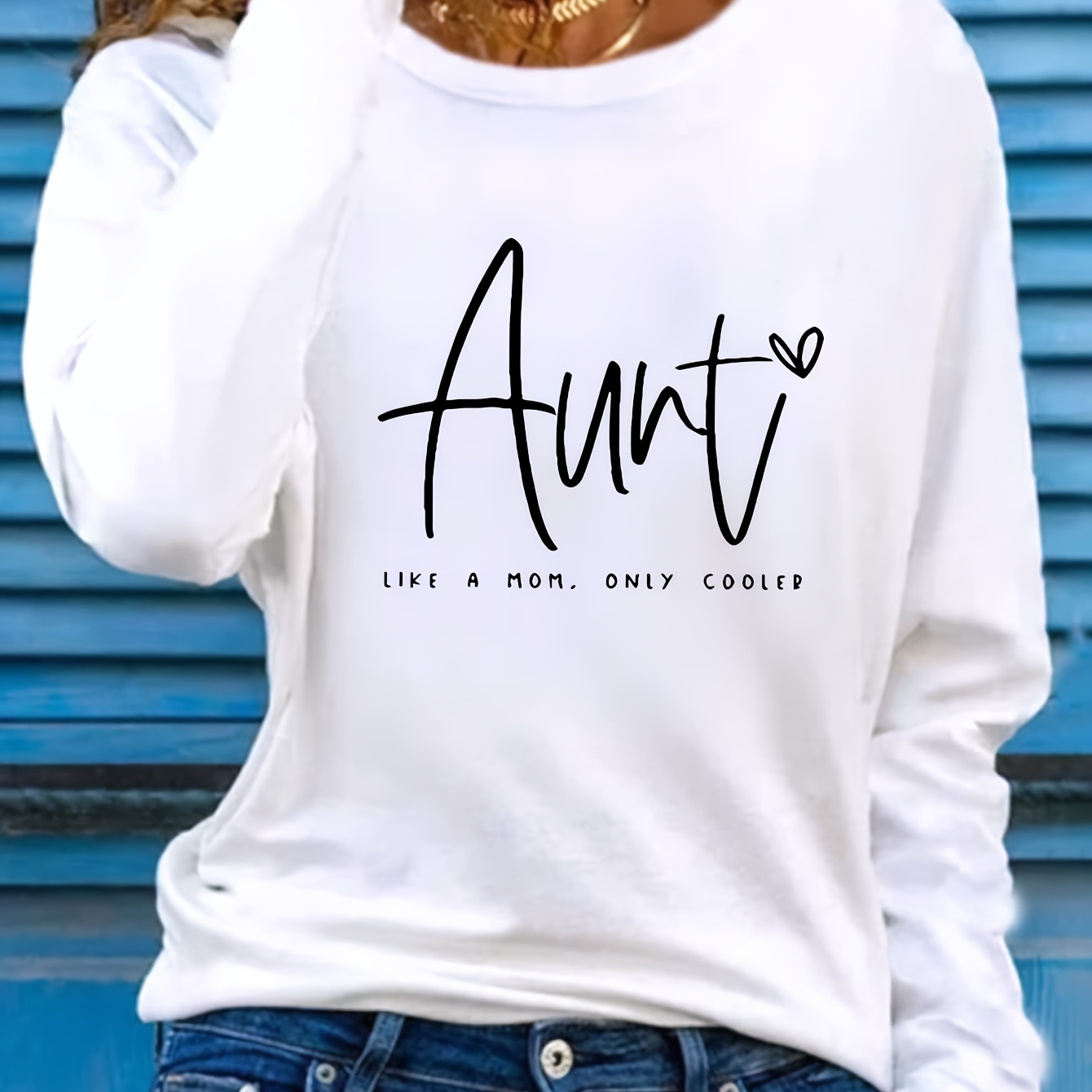 

Aunt Print T-shirt, Long Sleeve Crew Neck Casual Top For Spring & Fall, Women's Clothing