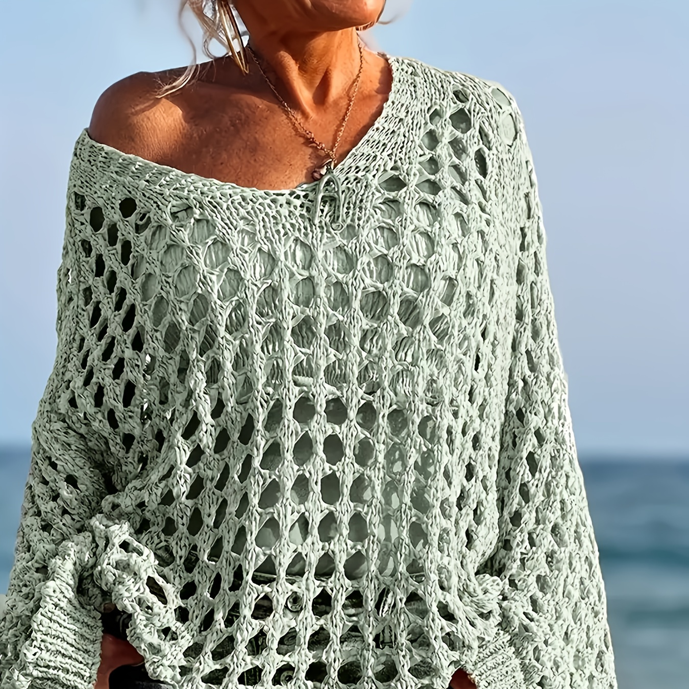 

Women's Lightweight Crochet Knit Top For - Casual V-neck, Long Sleeve, Breathable Polyester, Beach-ready Cover-up In Solid Color, Beach Coverup| Top|polyester Crochet, Crochet Clothes