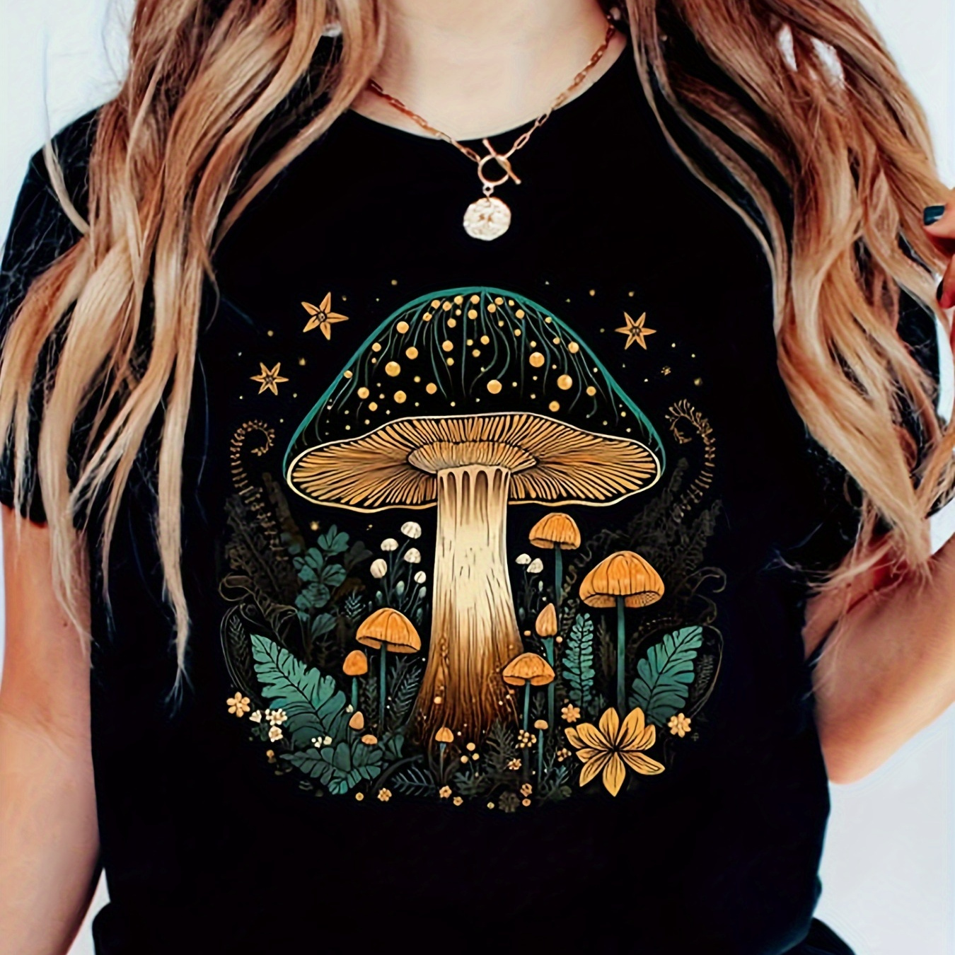 

Chic Mushroom & Fern Cartoon Print T-shirt For Women - Casual Summer Top, Soft Polyester , Machine Washable