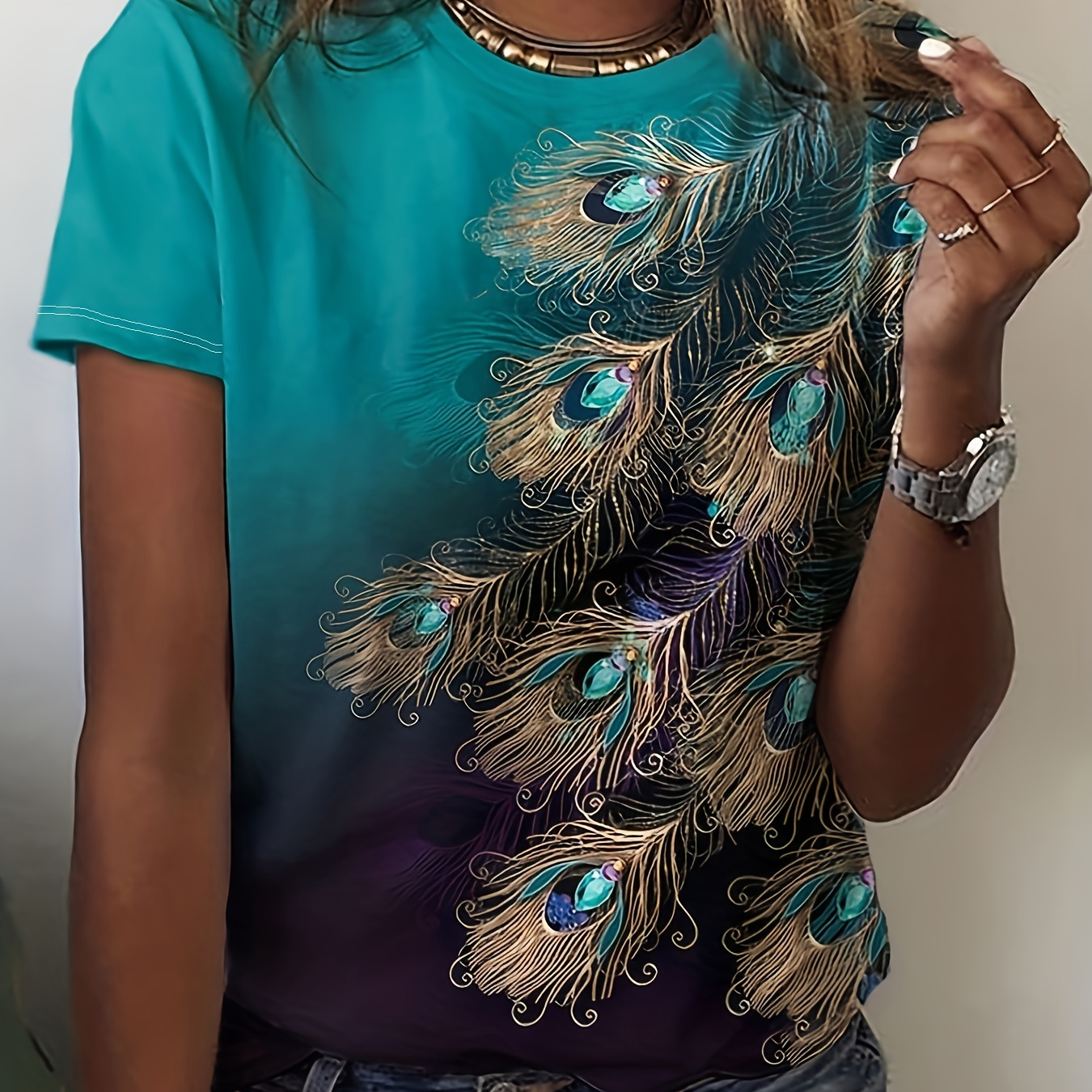 

Peacock Feather Print Gradient T-shirt, Casual Short Sleeve Top For Spring & Summer, Women's Clothing