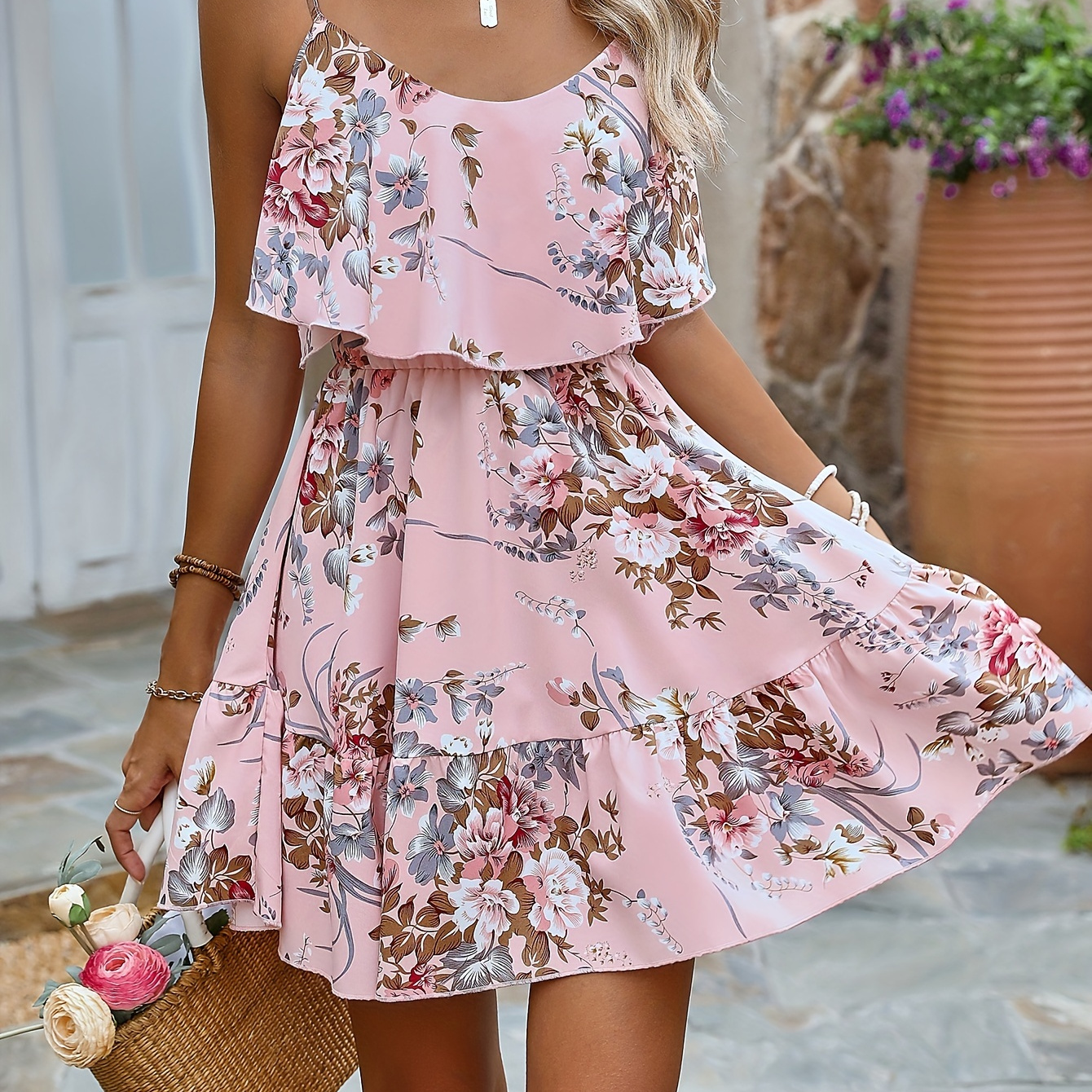 

Floral Print Spaghetti Strap Dress, Vacation Style Sleeveless Flowy Dress For Spring & Summer, Women's Clothing
