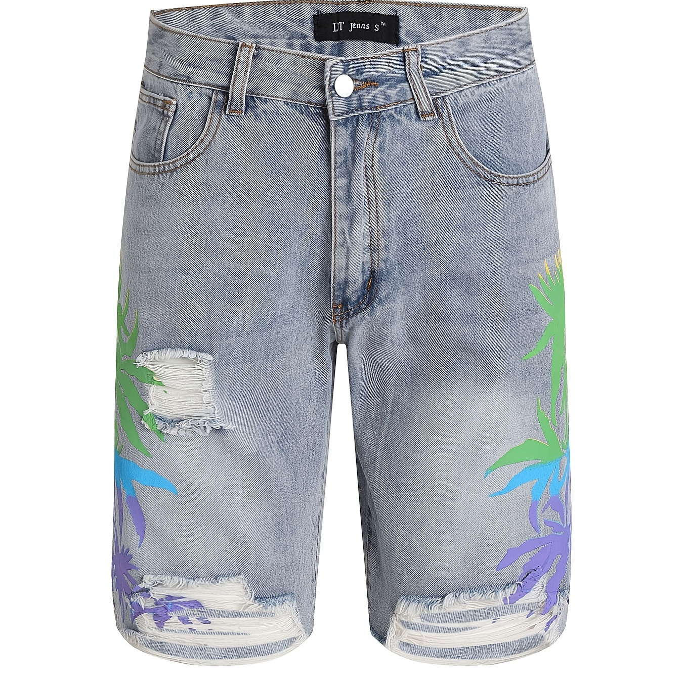 Plus Size Men's Stylish Coconut Trees Graphic Print Ripped Denim Shorts For Workout/outdoor, Street Style Short Jeans For Big And Tall Guys, Men's Clothing