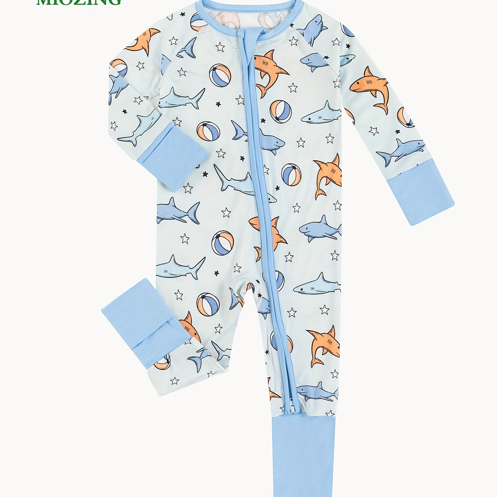 

Baby Boys Bamboo Fiber Baby Romper, Blue Cartoon Shark & Ball Print, Long Sleeve Zippered Onesie, Cute Style For Infants