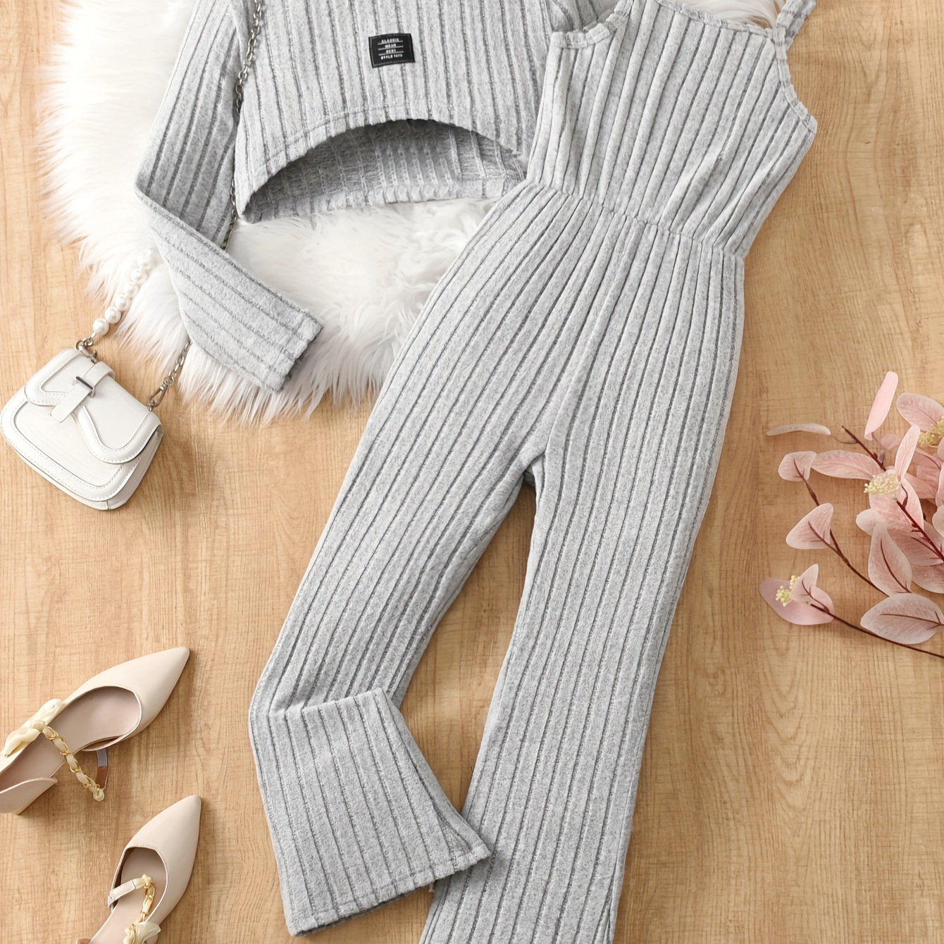 

Girls' Cozy Knit Outfit Set - Long Sleeve Ribbed Top & Jumpsuit, Stretchy Polyester For Fall/winter Comfort