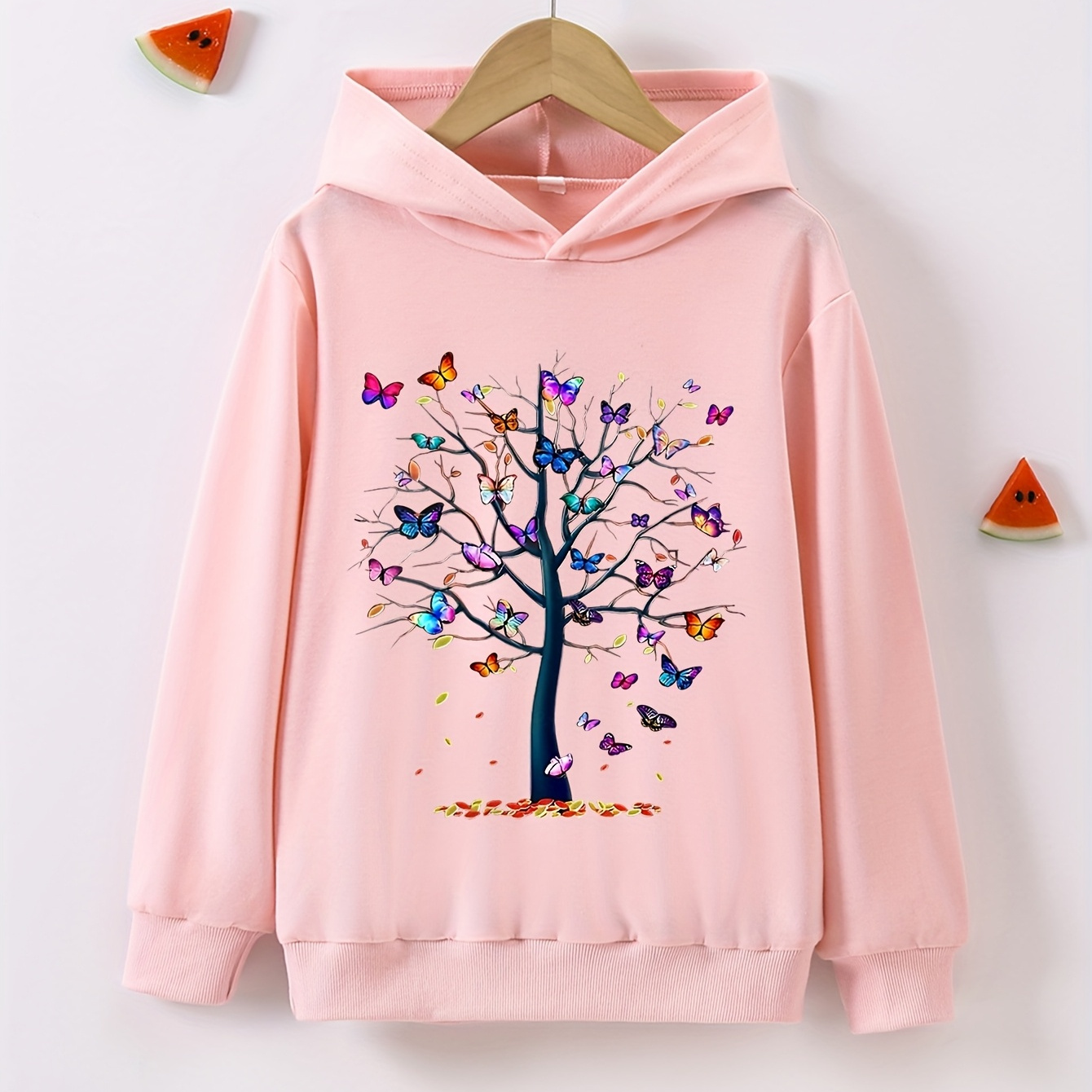 

1pc Girls' Spring/fall Long Sleeve Hoodie With "butterflies On A Tree" Print, Casual Polyester Knit Fabric With Stretch, Loose Fit Hooded Sweatshirt, Cartoon Pattern, 95% Polyester 5% Spandex