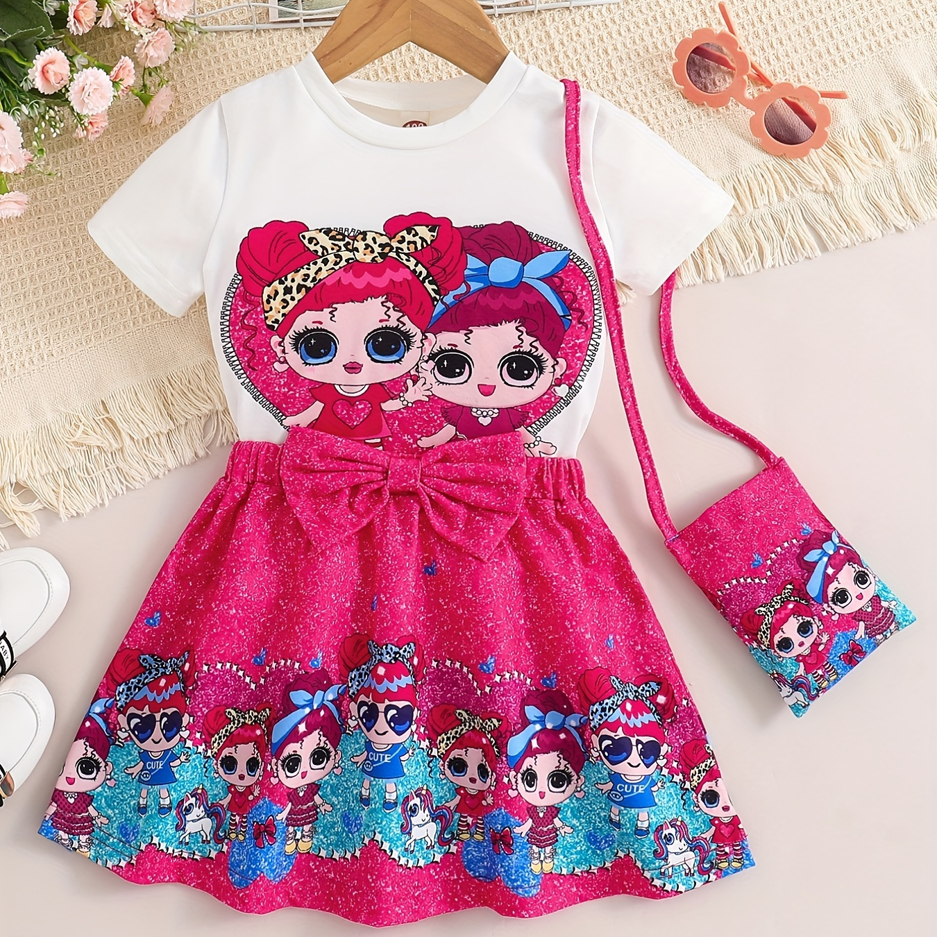 

Pattern Outfit 3pcs, T- & Bag & Bowknot Decor Set, Kids Clothes For