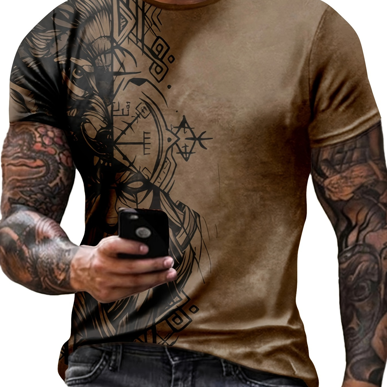 

Polyester Men's T-shirt With Animal & Design - Casual Crew Neck Top With Stretch, Short Sleeve, Summer Knit Fabric, Regular Fit, Heat Transfer Graphics - Ideal For Weekend Casual Wear