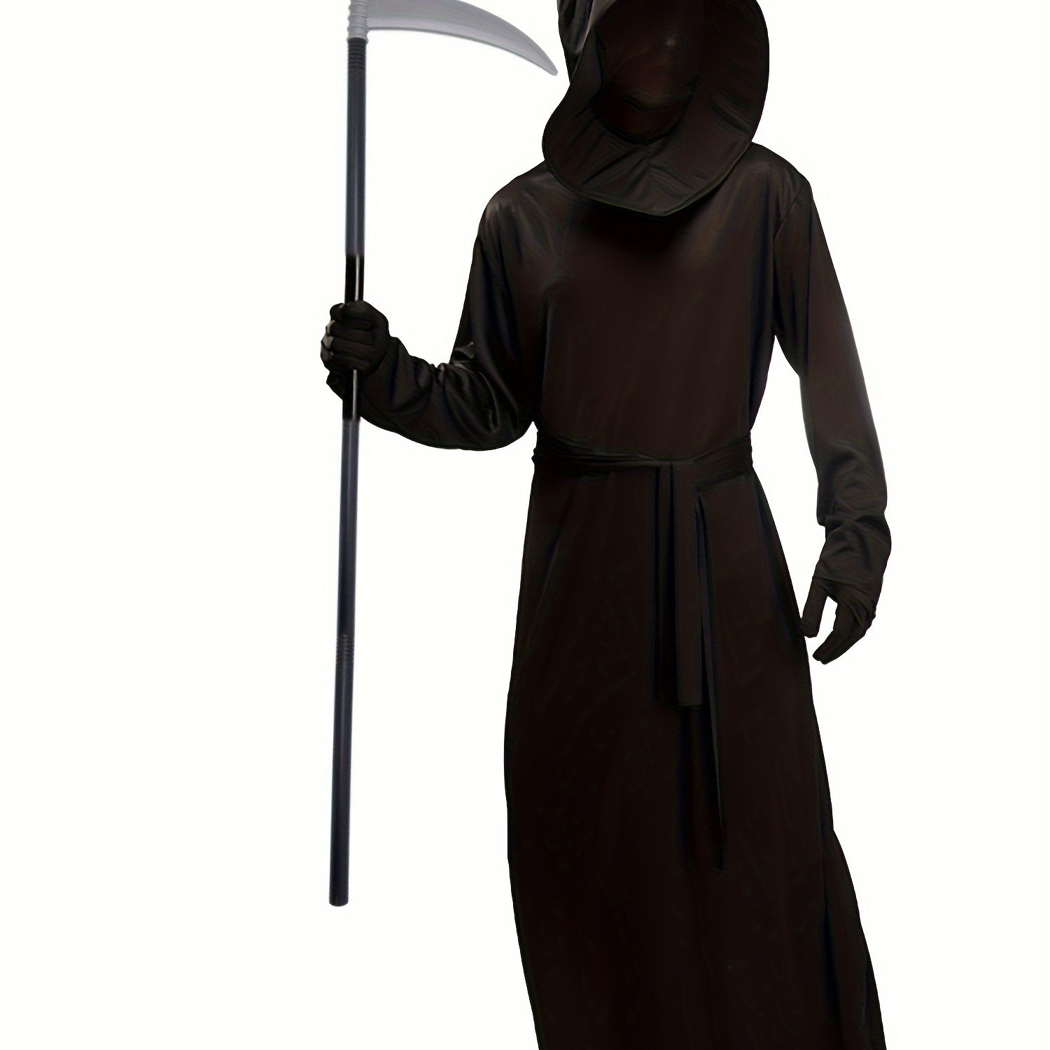 

Adult Men's Halloween Party Wear, Solid Black Scary Grim Reaper Costume With Hooded Cloak, Gloves, Scythe Prop