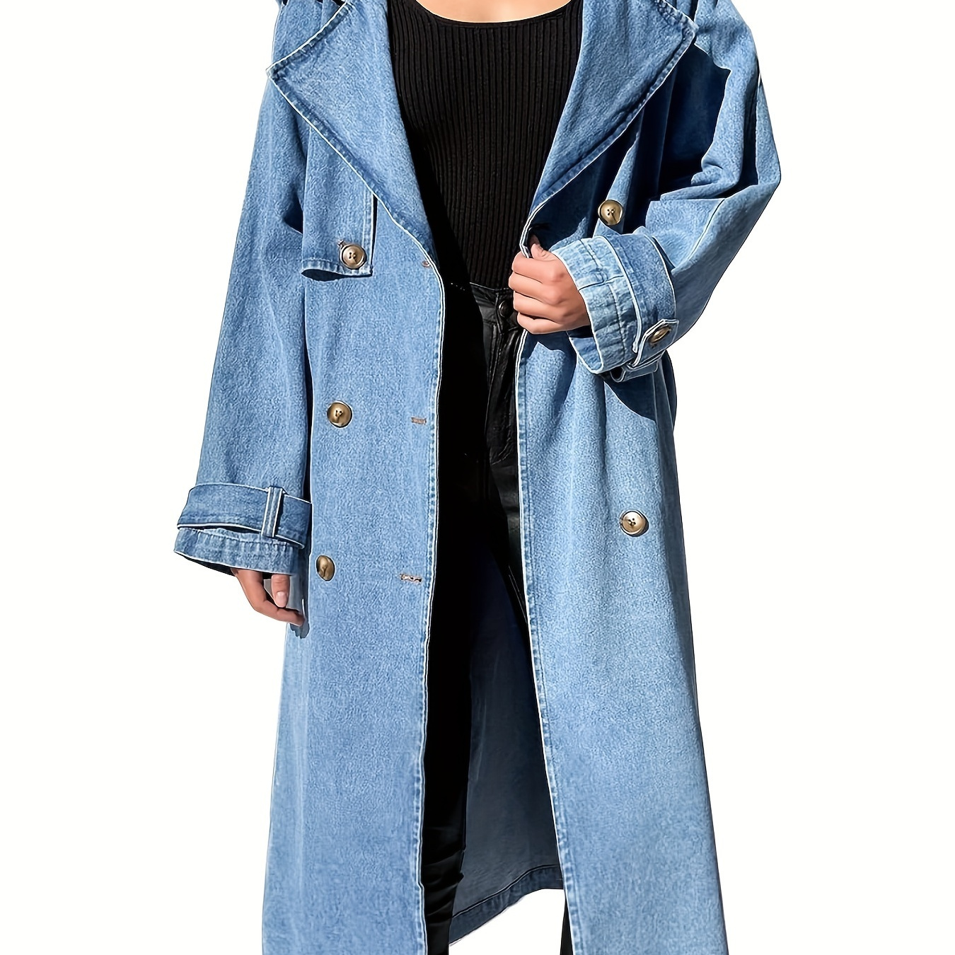 

Women's Long Denim Trench Coat, Vintage Style With Belt, Casual Jean Jacket For Outdoor And Daily Wear