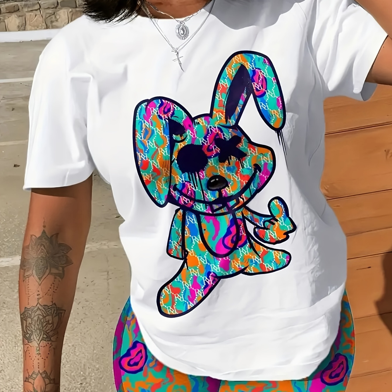 

Cartoon Rabbit Print T-shirt, Casual Crew Neck Short Sleeve Summer T-shirt, Women's Clothing