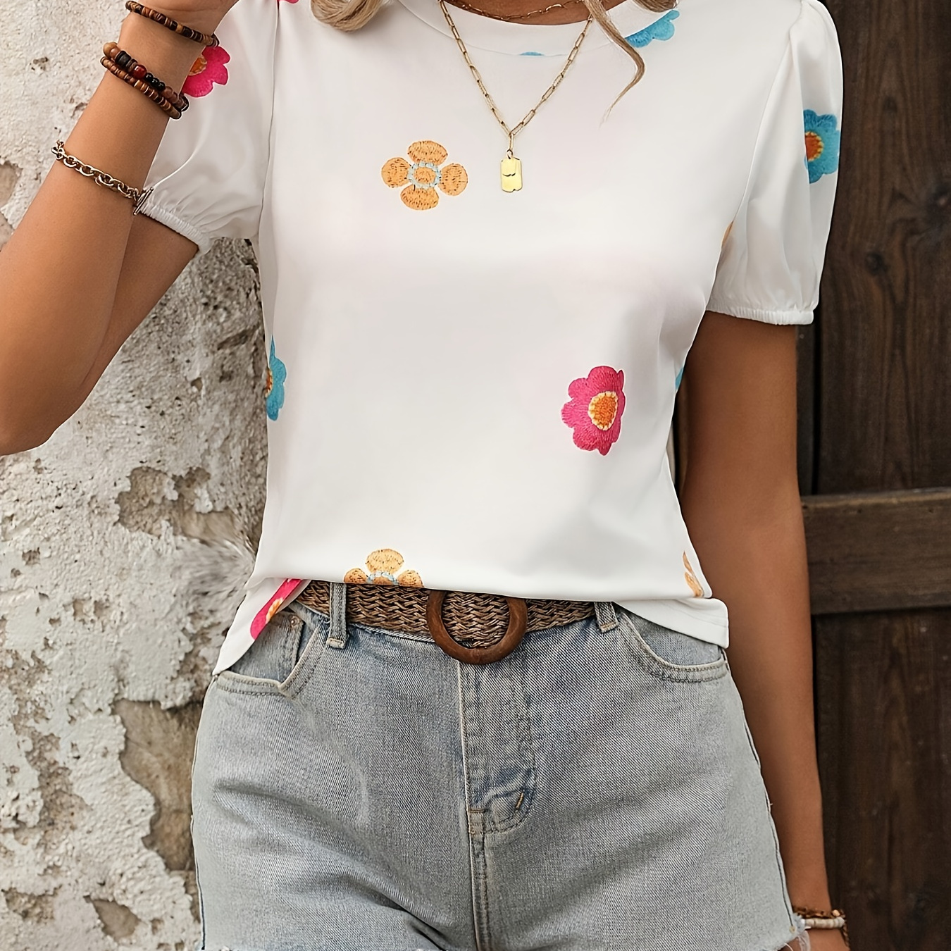 

Milk Fiber Fabric Flower Crew Neck T-shirt, Casual Short Sleeve T-shirt For Spring & Summer, Women's Clothing