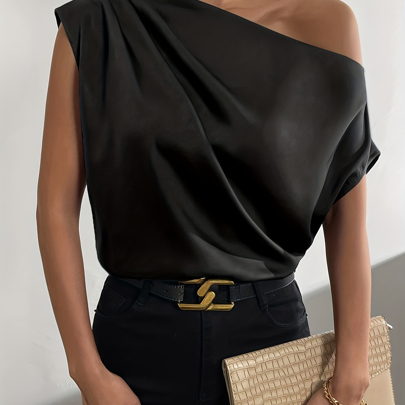 

1 Shoulder Ruched Loose Blouse, Elegant Asymmetrical Solid Blouse For Spring & Summer, Women's Clothing