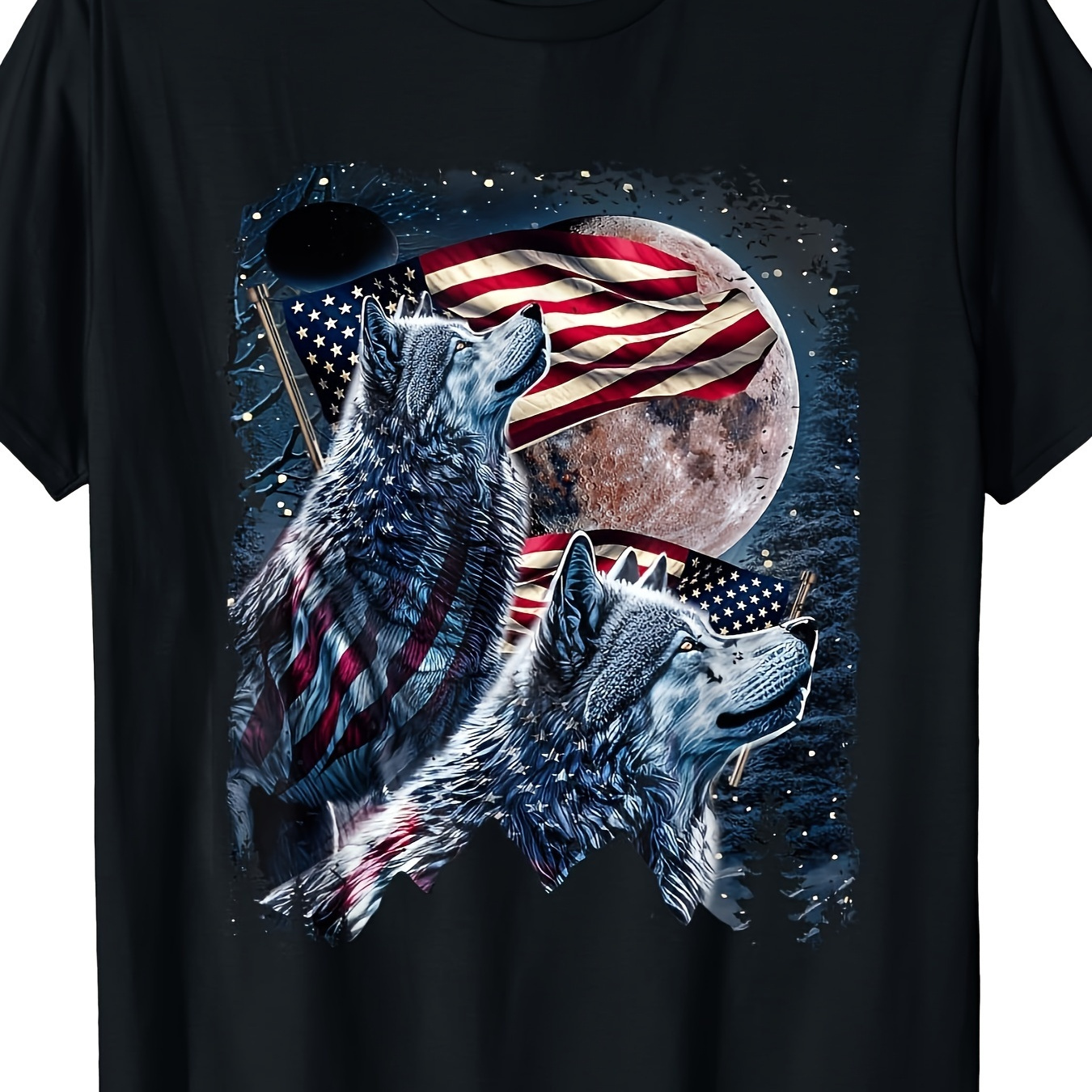 

Men's & American Flag T-shirt - Wolves Under Moon, 100% Cotton, Short Sleeve, Round Neck, Casual Fit, Machine Washable, 220g/㎡, 4th Of Or