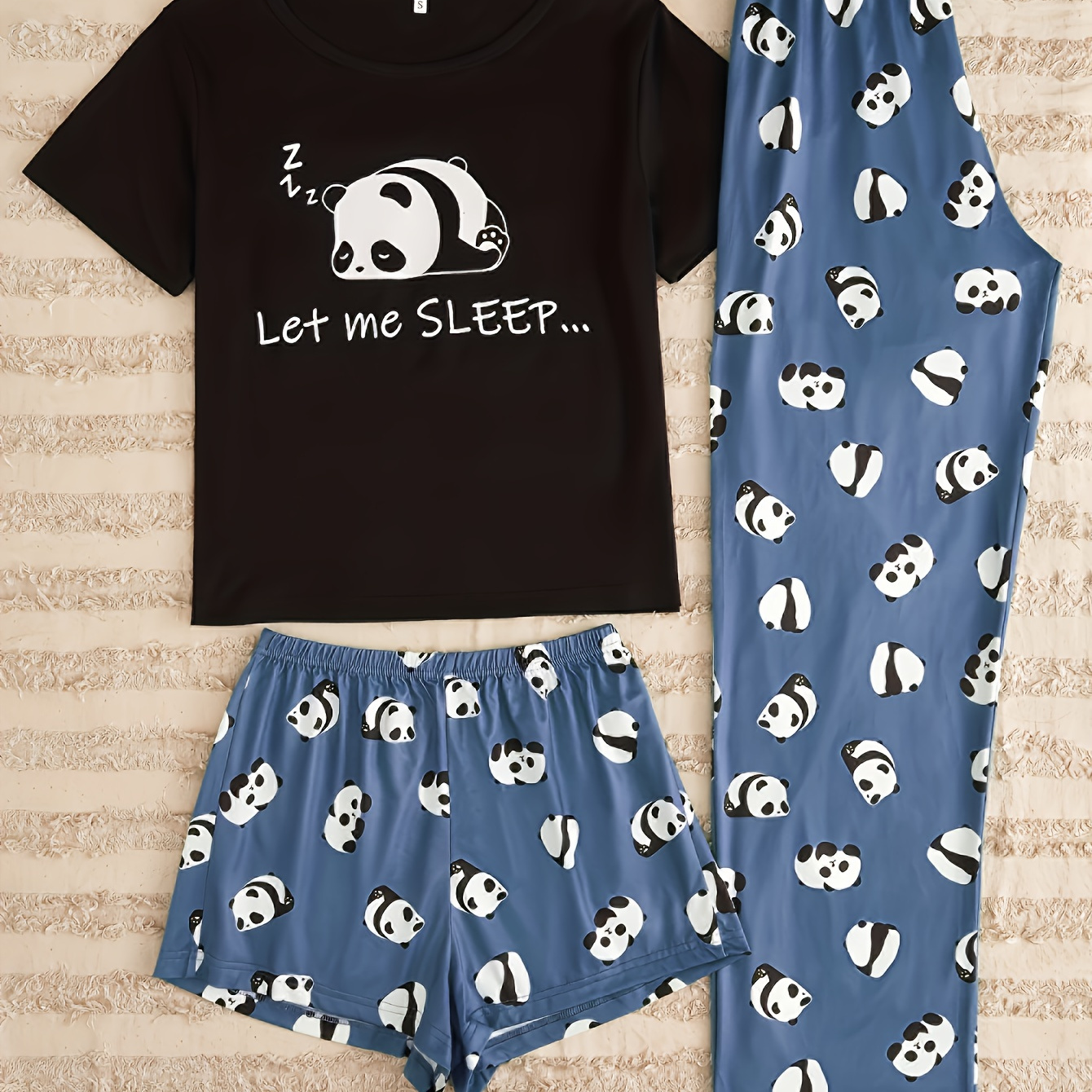 

Women's Cute Cartoon 3pcs Pajama Set - Black Short Sleeve Top, Blue Shorts & Pants, Soft Polyester , Comfortable Sleepwear, Women's Sleepwear Set| Sleepwear|stretchy Fabric