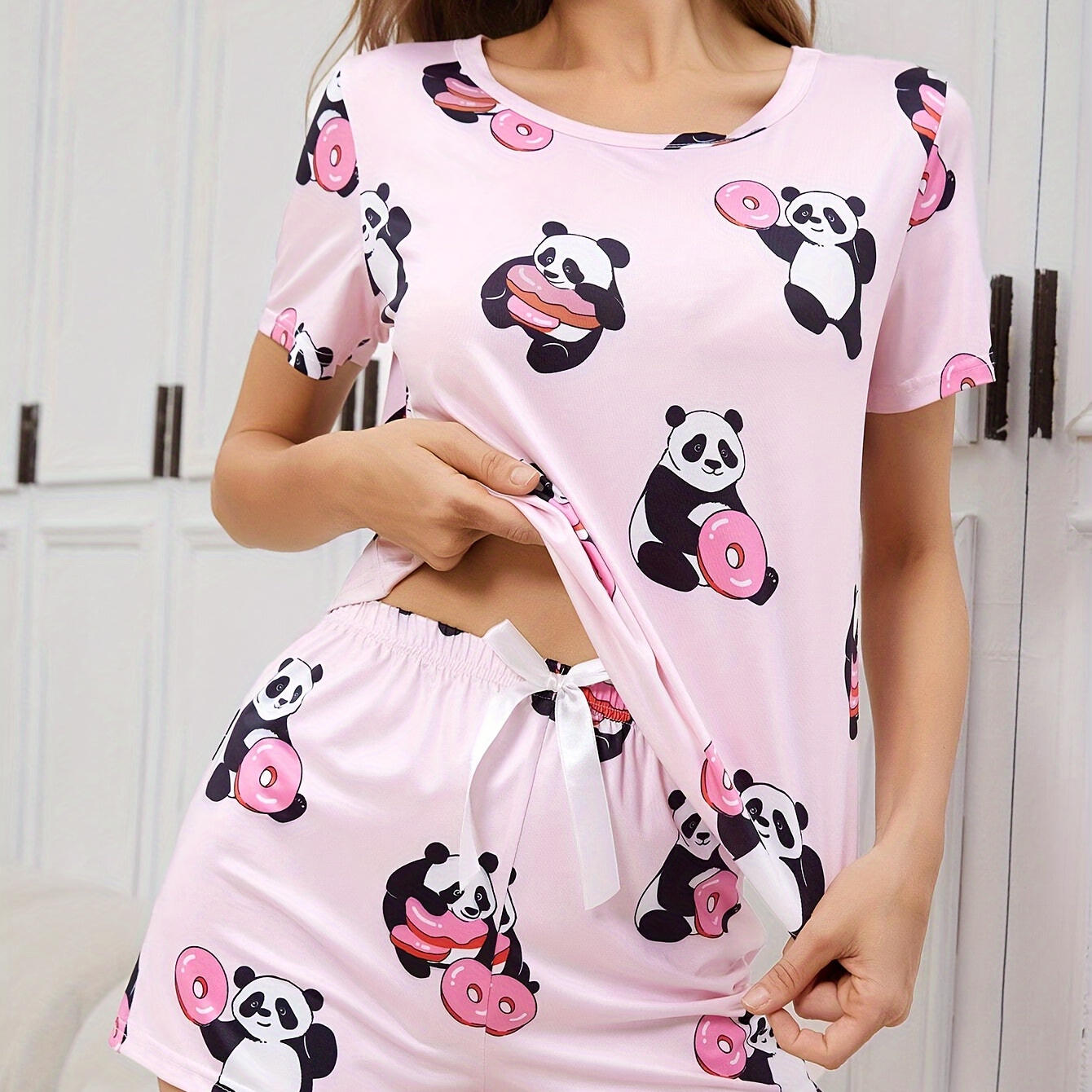 

Women's Cute Panda With Donut Print Pajama Set, Short Sleeve Round Neck Top & Shorts, Comfortable Relaxed Fit