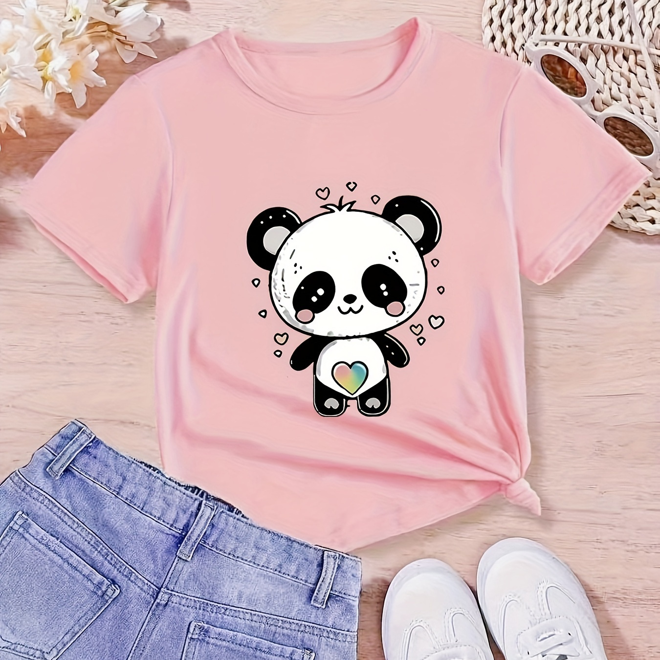 

Girls' Cute Panda & Heart Print T-shirt, Casual Round Neck Fashion Comfortable Spring/summer Tee, Kids Clothing Gift