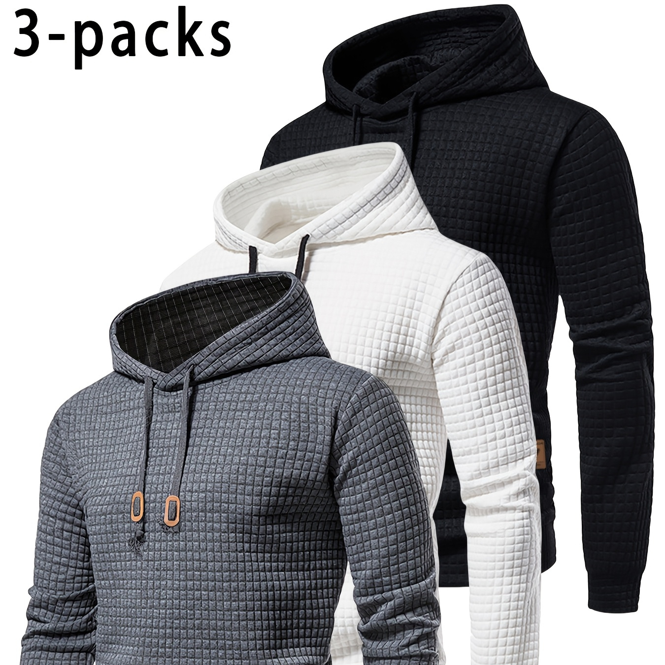 

3pcs Men' Color Waffle Textured Hooded Sweatshirts, Casual Trendy Long Sleeve Sports Top As Gift