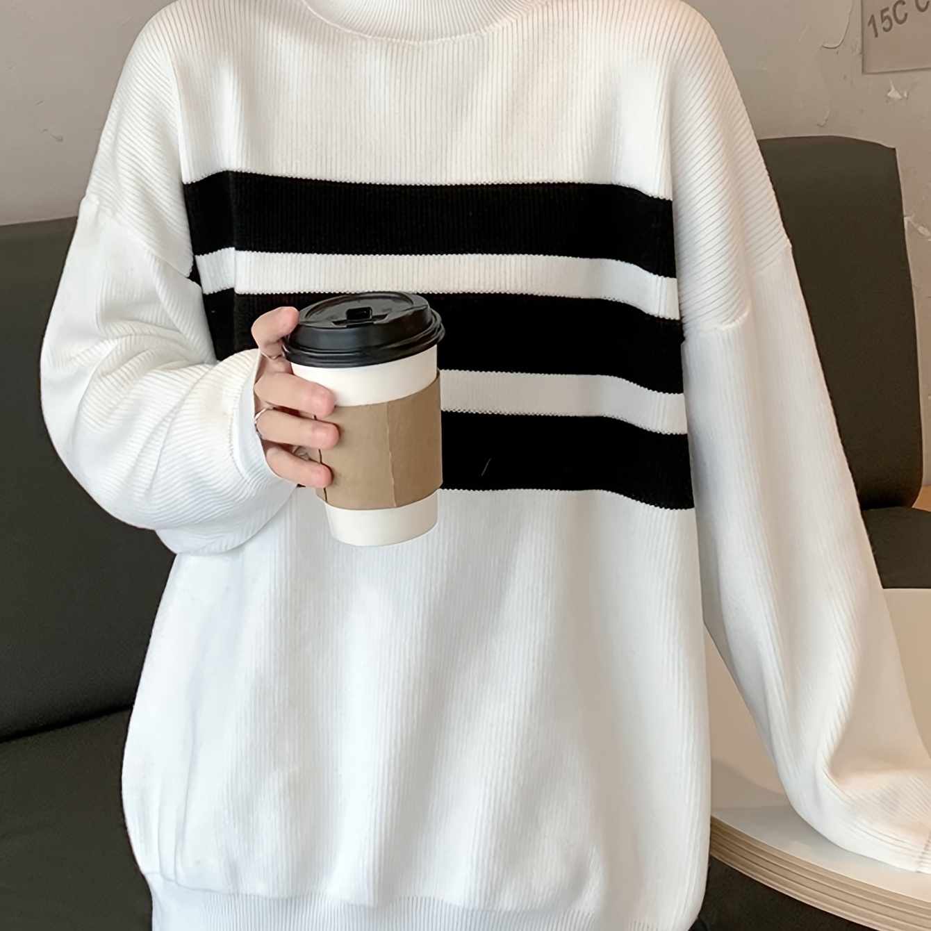 

Cozy Striped Knit Sweater For Women - Casual Loose Fit, Crew Neck Pullover With Detail, Fall