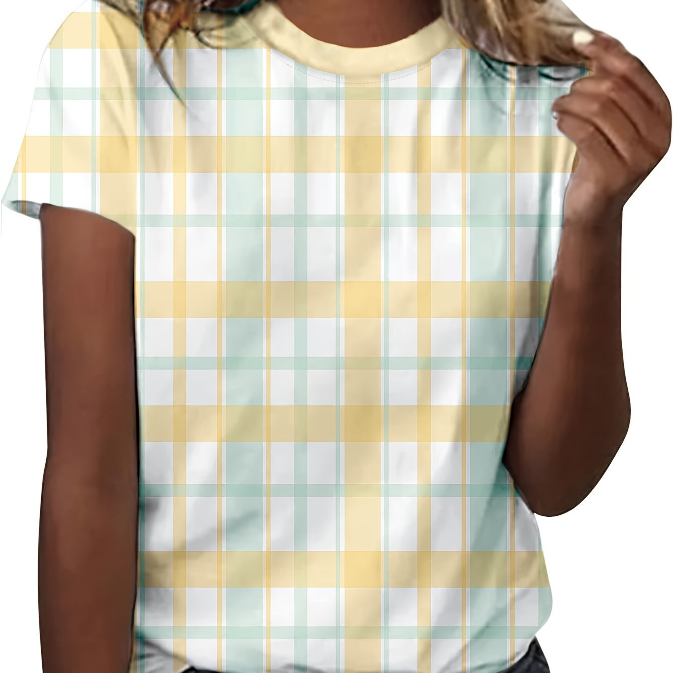 

Plaid Print Crew Neck T-shirt, Casual Short Sleeve Top For Spring & Summer, Women's Clothing