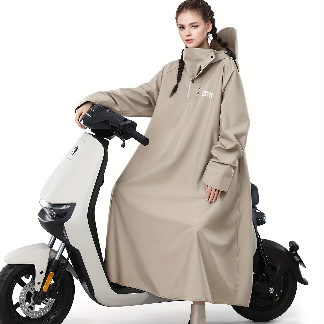 BM *'s Full-Coverage Motorcycle Raincoat Long Sleeve Casual Riding Jacket  with Elastic Cuffs, Adjustable Hood Zippered Pockets, A58 Khaki, Hand
