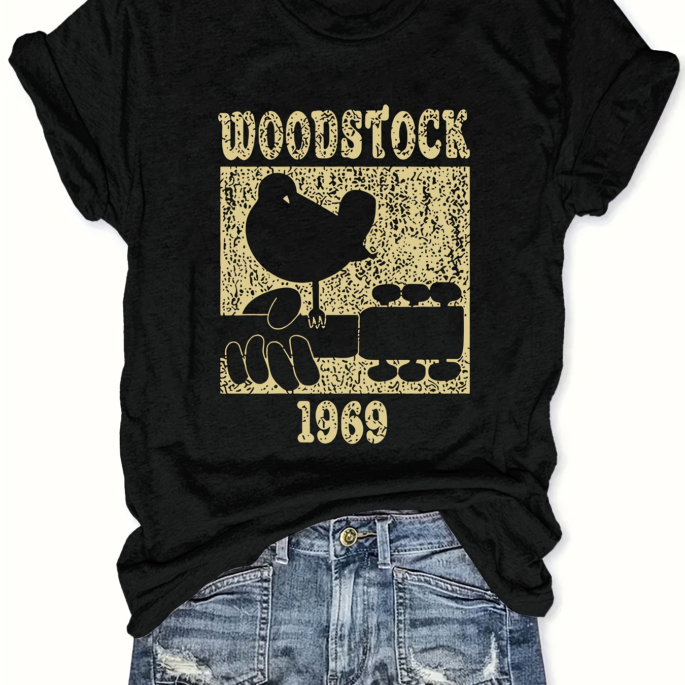 

T-shirt Grande Taille Woodstock 1965 - Vert Vibrant, Col Rond Décontracté, Manches Courtes pour Femme, Polyester Léger, pour l'Été