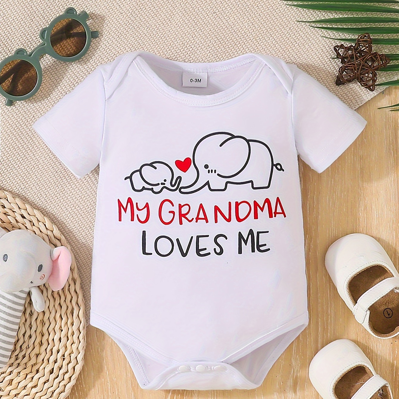 

Infant's "my Grandma Loves Me" Print Cotton Bodysuit, Comfy Short Sleeve Onesie, Baby Boy's Clothing, As Gift