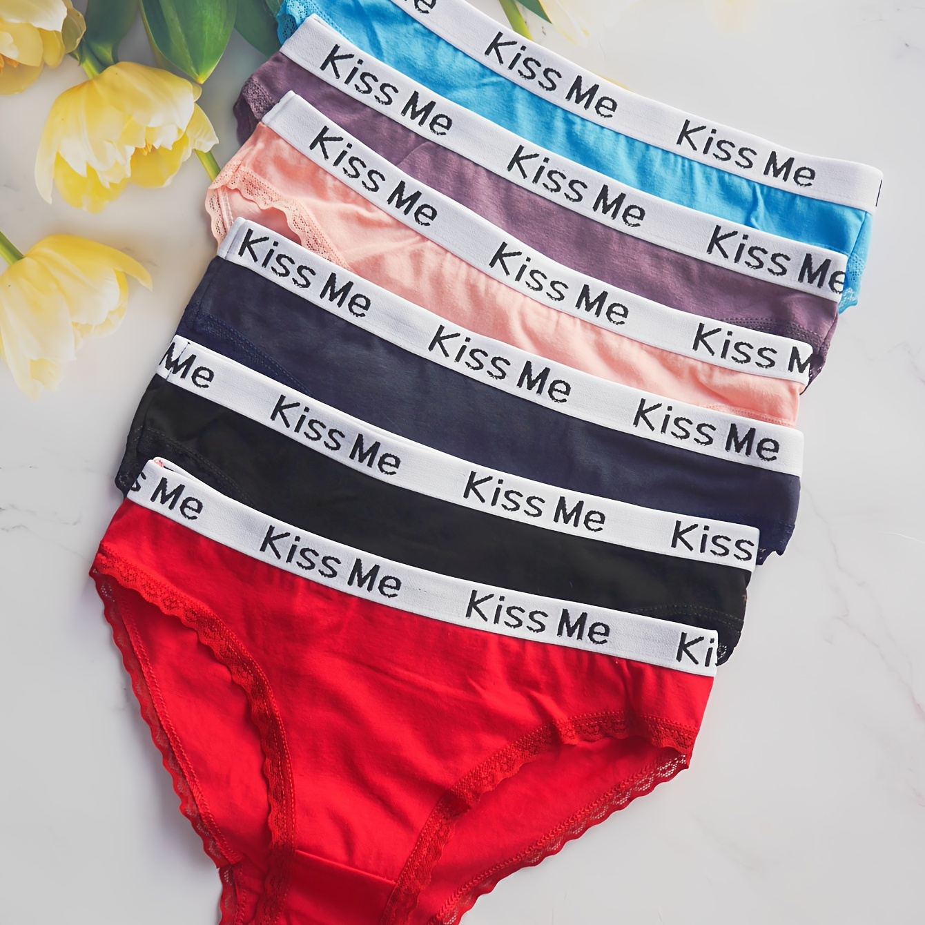 

6pcs Letter Tape Bikini Panties, Breathable & Soft Colorblock Low Waist Intimates Panties, Women's Lingerie & Underwear