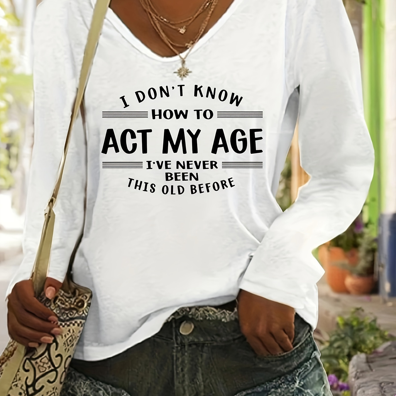 

Letter Print V Neck T-shirt, Casual Long Sleeve T-shirt For Spring & Fall, Women's Clothing