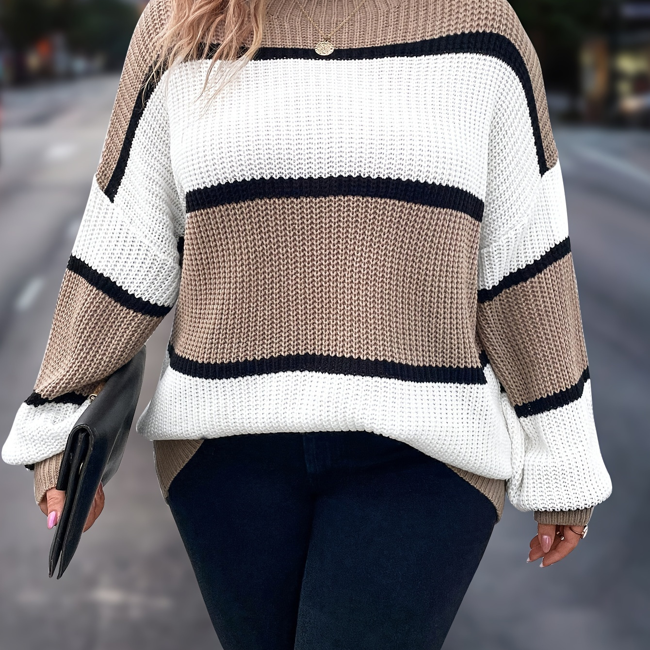 

-size Striped Sweater For Women - Cozy Long Sleeve Knit Pullover With Mock Neck, Casual Design & , Fall/winter