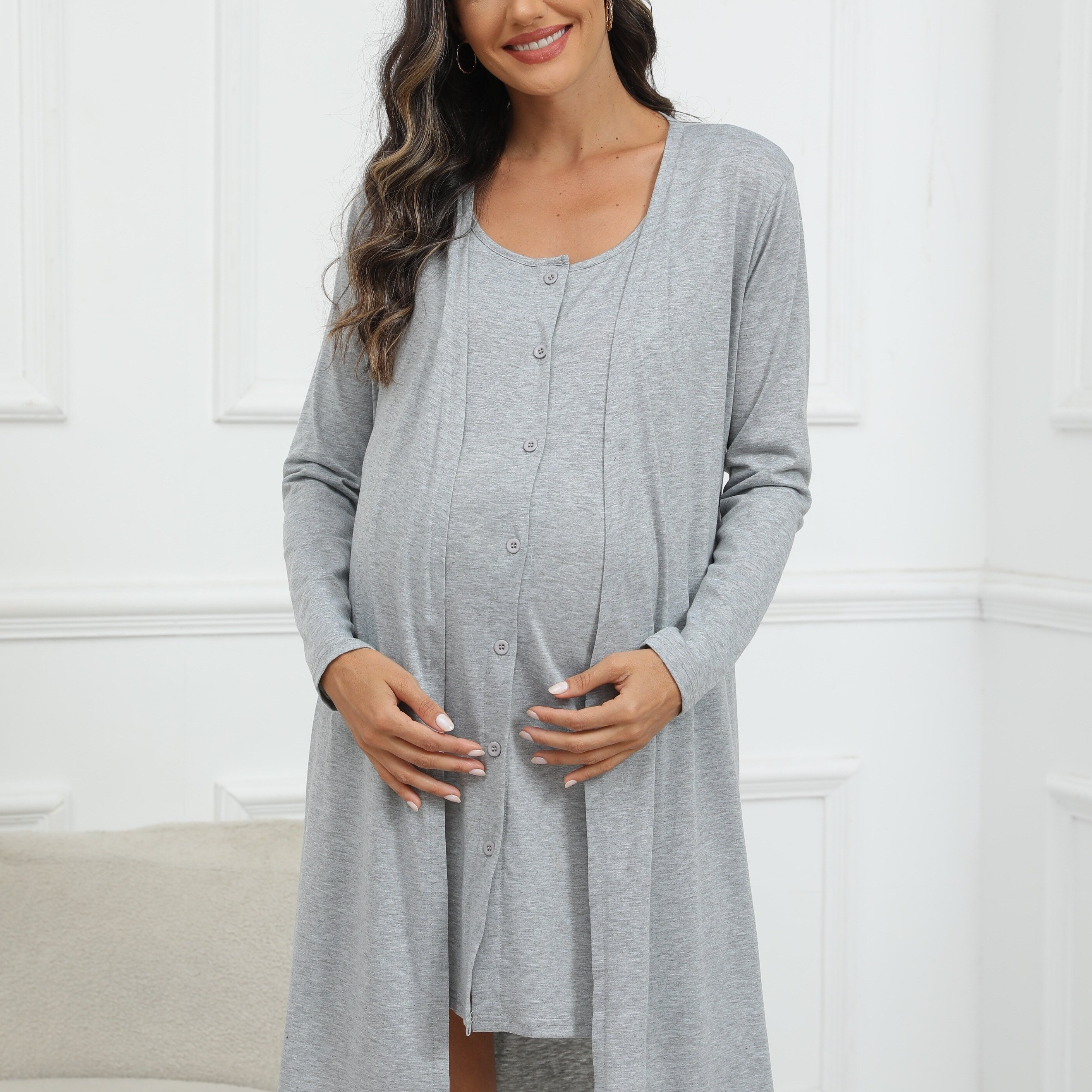 Women's Maternity 2pcs Pajamas Set, Solid Cardigan & Sleeveless Dress