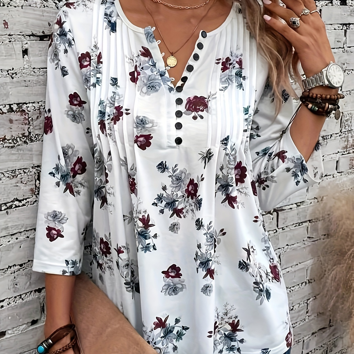 

Floral Print Notched V Neck T-shirt, Elegant 3/4 Sleeve Ruched Top For Spring & Fall, Women's Clothing