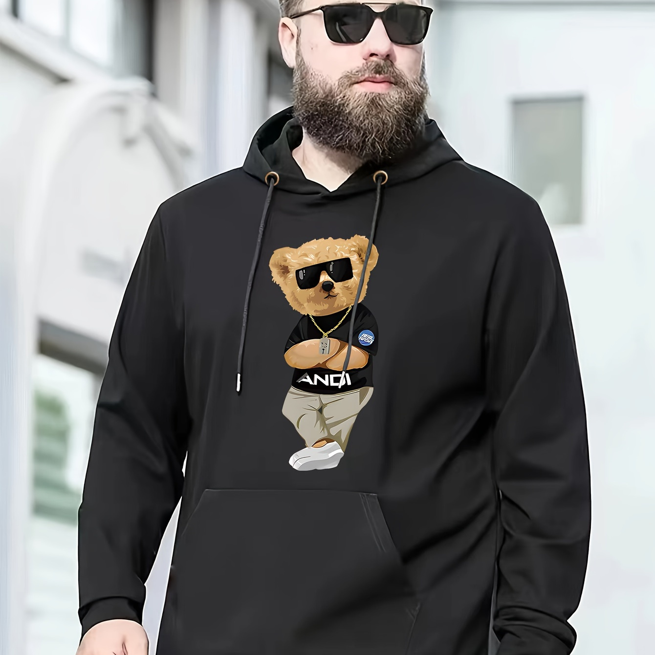 

Plus Size Men's Cartoon Bear Print Hooded Sweatshirt Casual Hoodies For Fall Winter, Men's Clothing